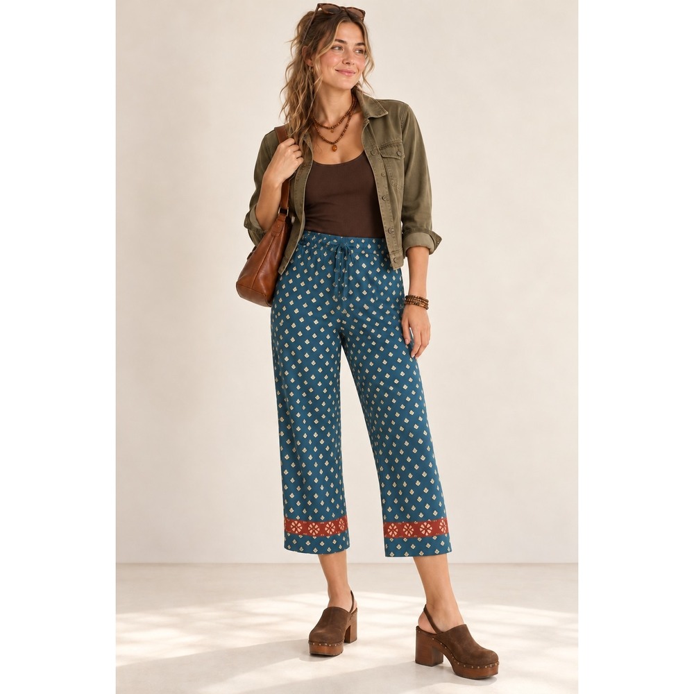 NorthStyle Pants Womens XL Blue Boho Hippie Print 100% Cotton Drawstring Lounge